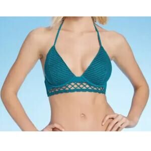 Shade & Shore Lightly Lined Triangle Crochet Bikini Top Size 36D Ocean Blue